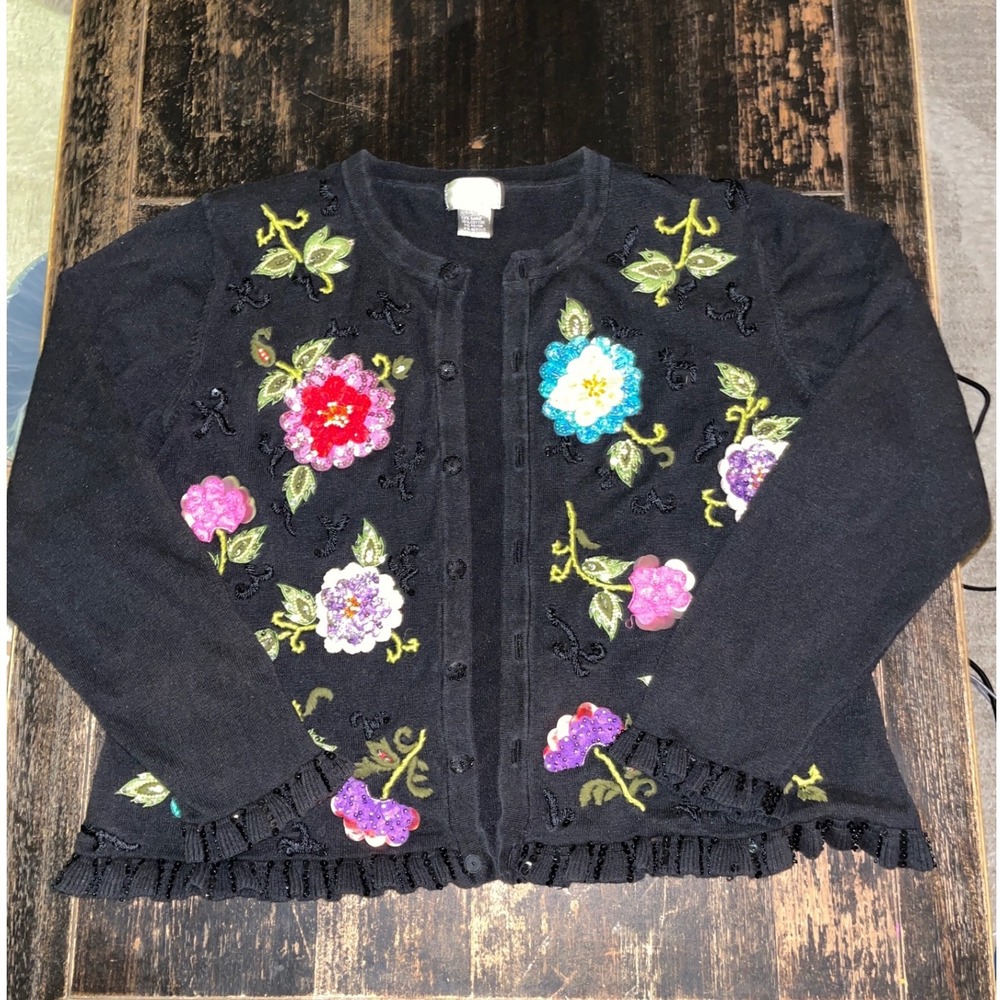 Vintage Berek Black Beaded Sequined Floral Cardigan Sweater Large grandmacore - Picture 2 of 8